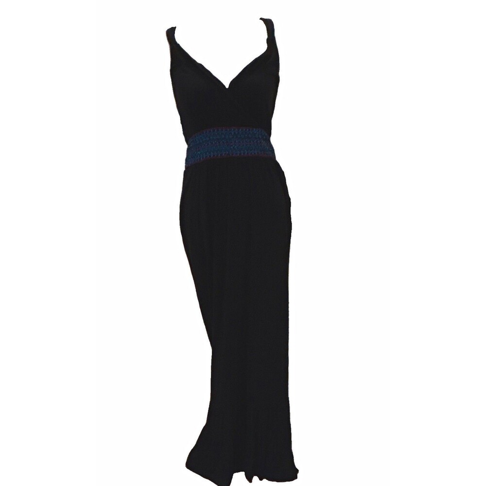 Soma Womens Black Solid V-Neck Smocked Strappy Back Knit Maxi Dress M Long